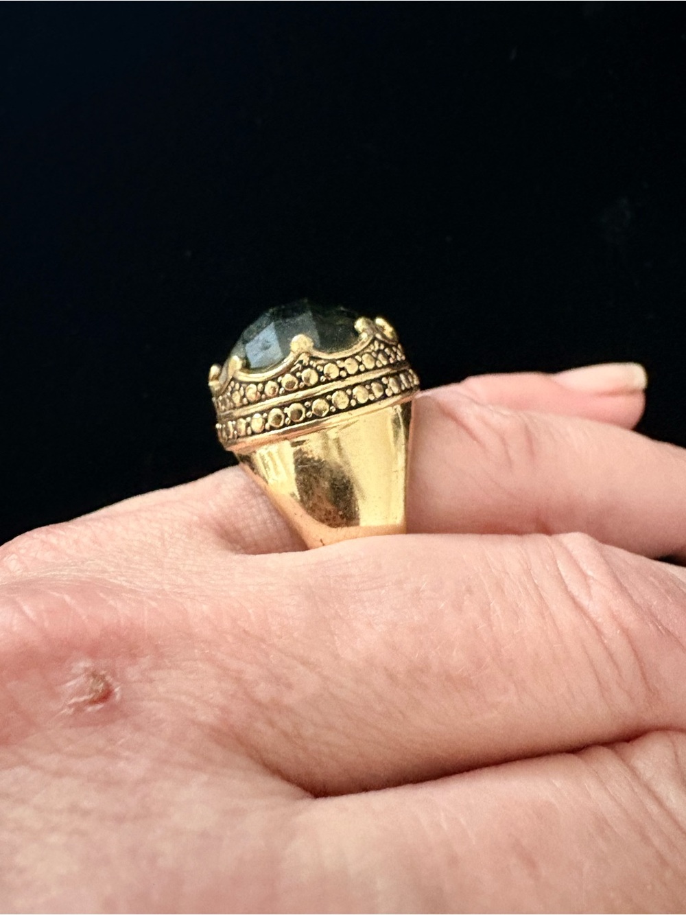 Gold-Tone Statement Ring with Dark Green Stone